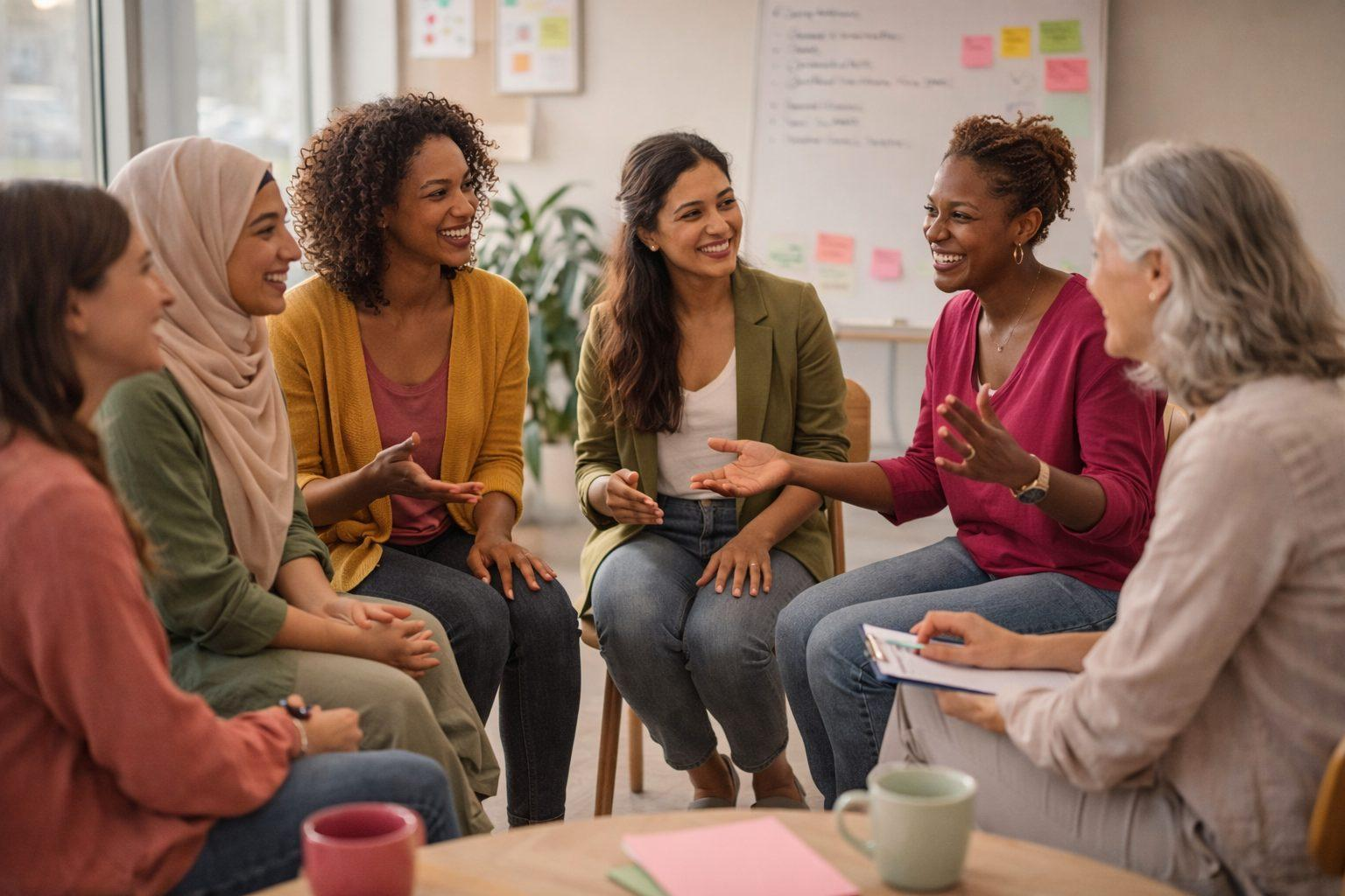 A group of women in conversation around a table during a mentoring session.