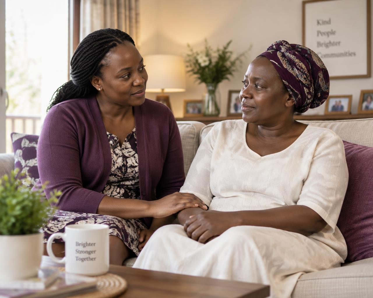 Two women sitting together in a calm room, one listening supportively to the other